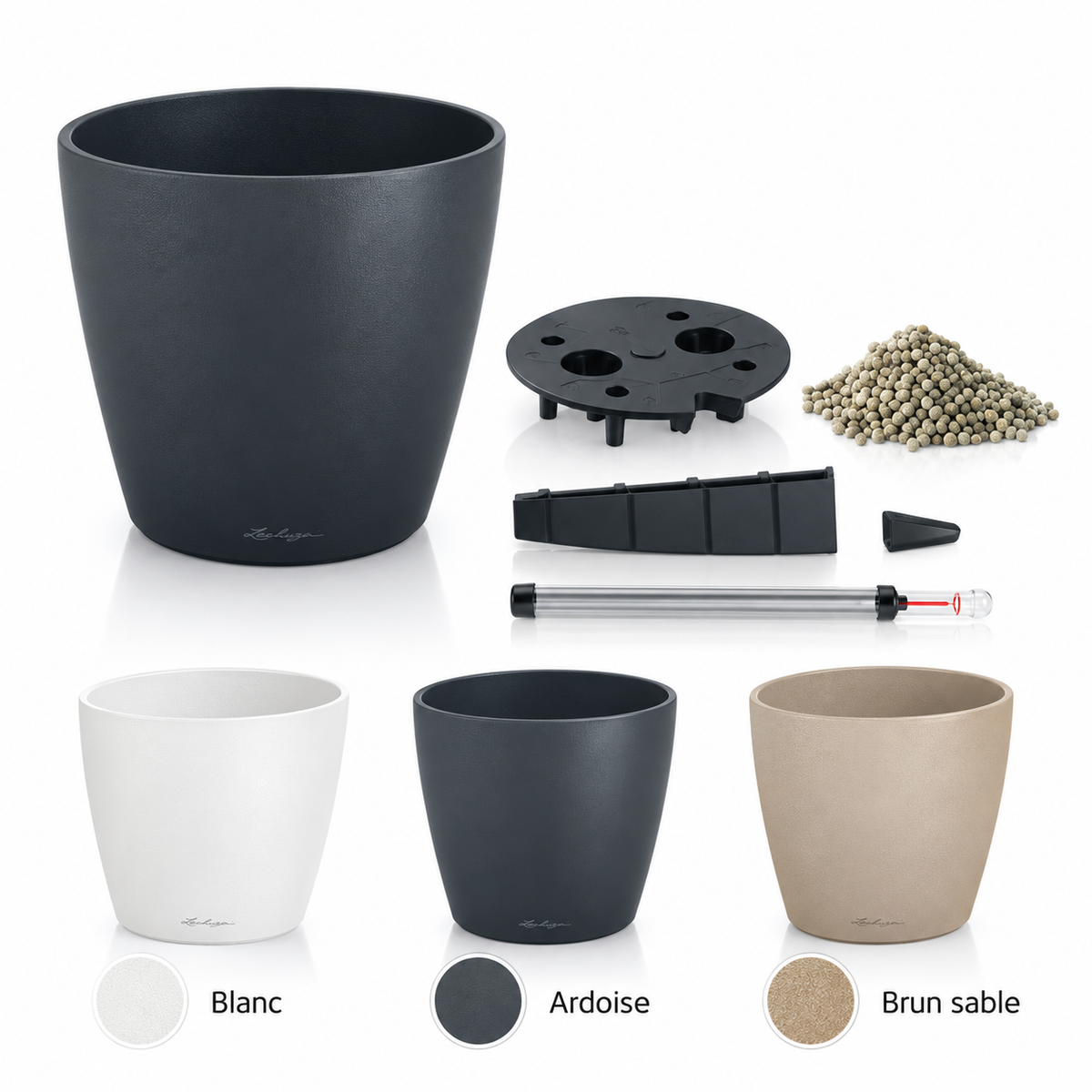 LECHUZA CLASSICO Color 18, Blanc 13261, Ardoise 13263 et Brun sable 13264, pot de fleurs avec réservoir d’eau 0,6 L et kit d’arrosage, 19 × 17 cm, pour la plantation | SQES Tunisie