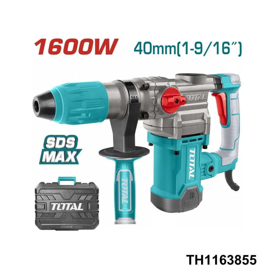 Marteau perforateur TOTAL TH1163855 1600W SDS MAX – béton 40mm, couronne 100mm, 10J, 3850 bpm, anti-vibration, 2 forets + 2 burins + étui