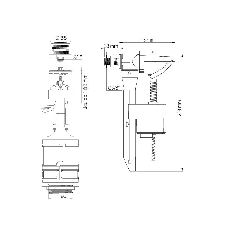 MECANISME DE CHASSE A POUSSOIR "ROSA" AVEC FLOTTEUR COMPACT LATERAL - EJIM - SQES