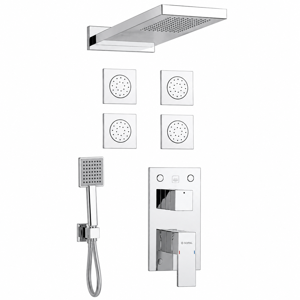 Mitigeur Douche Encastré Hydromassage SOPAL Série El Jem 06F6A04 — Pommeau Mural Rosace Carrée Cartouche Ø40mm Water Saving Garantie 5 Ans | SQES Tunisie