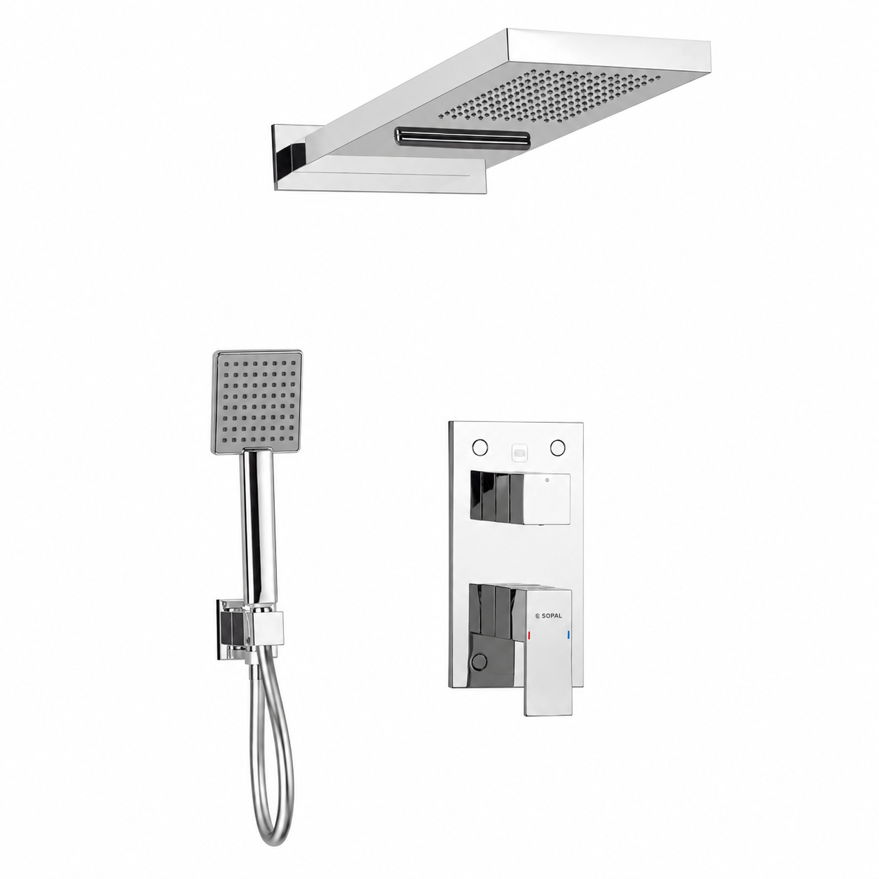 SOPAL Mitigeur de Douche Encastré Pommeau Mural Double Jet Réf. 06F7A04 — Kit Complet, Douchette à Main, Bras Mural, Flexible, Water Saving, Cartouche Céramique Ø35mm, Chrome NF EN ISO 1456, Garantie 5 Ans, Made in Tunisia | SQES Tunisie