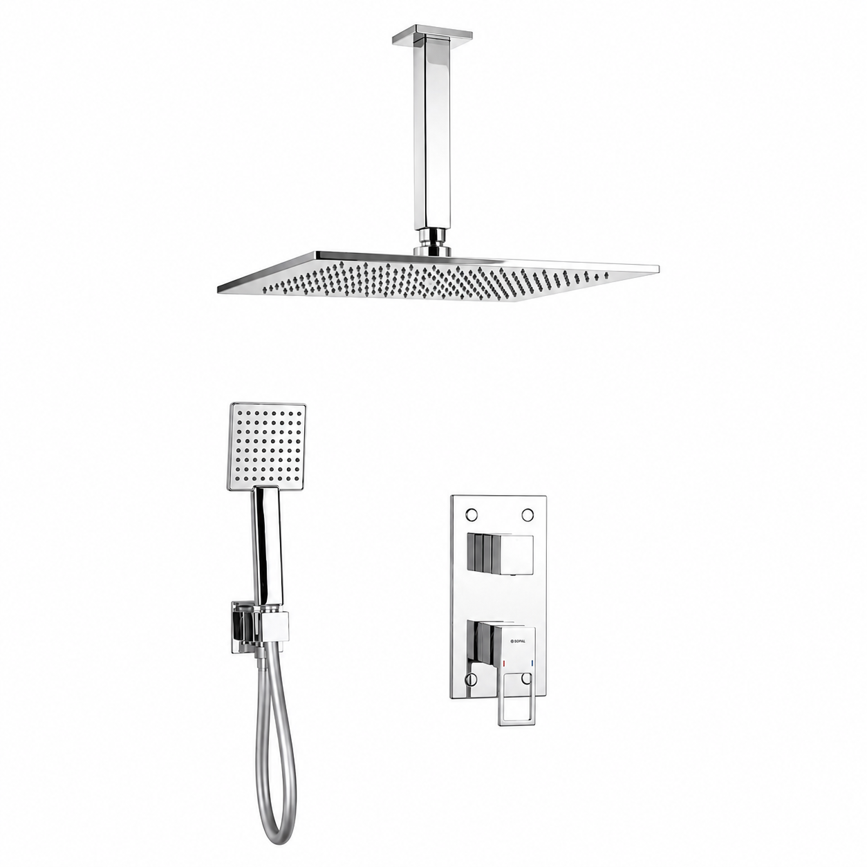 SOPAL Mitigeur de Douche Encastré Rain Shower Plafonnier Série ZAGHOUAN Réf. 06FTA04 — Water Saving, Air Power, Energy Saving, Cartouche Céramique Ø35mm, Laiton Chrome, Garantie 5 Ans, Made in Tunisia | SQES Tunisie