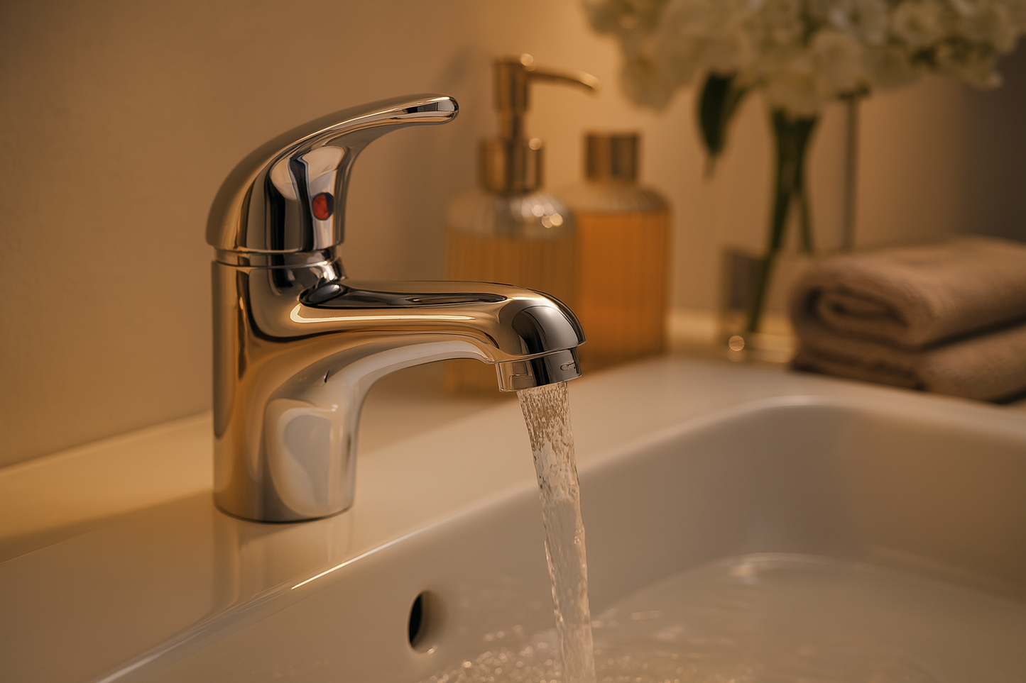 Mitigeur en action avec eau cristalline