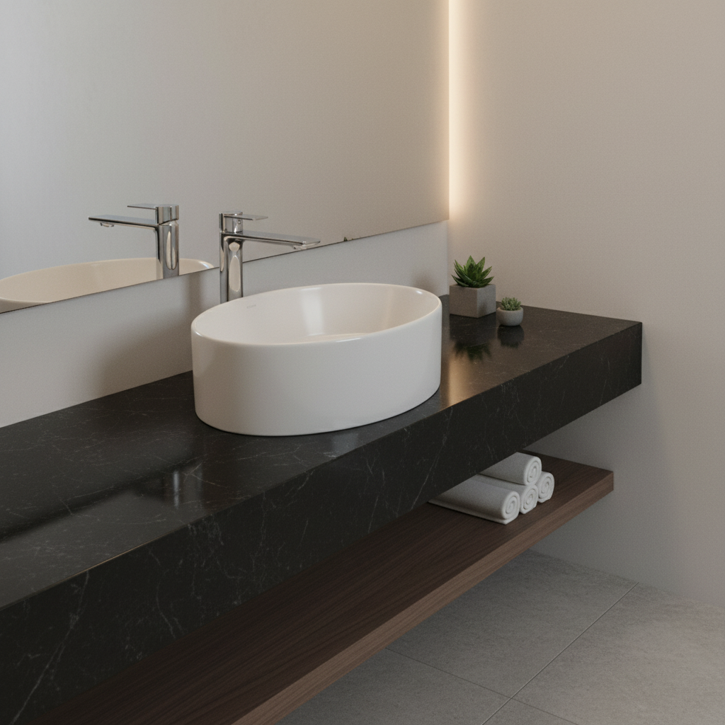 Mitigeur long sur vasque blanche luxueuse