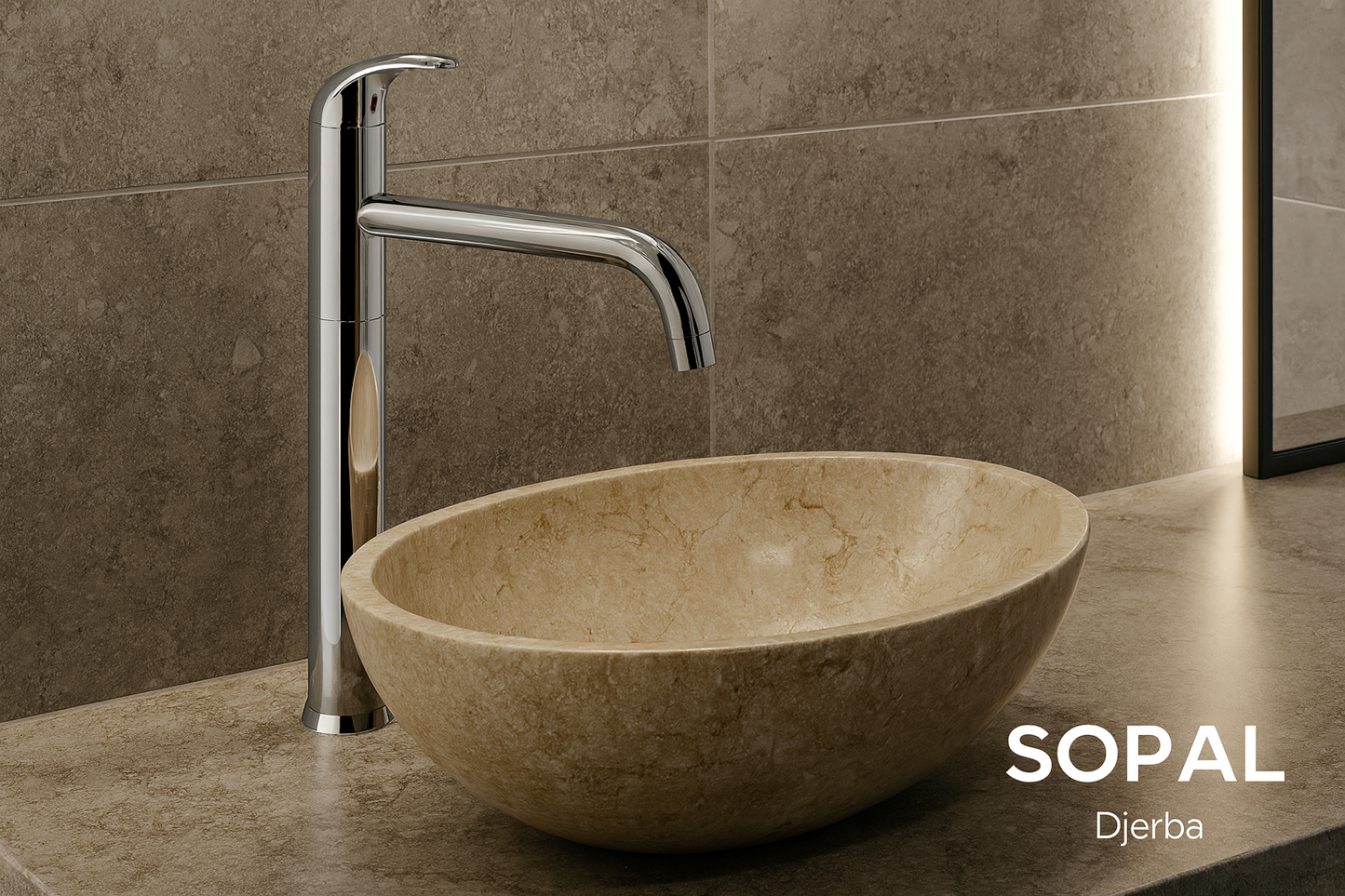 Mitigeur sur vasque ovale en pierre