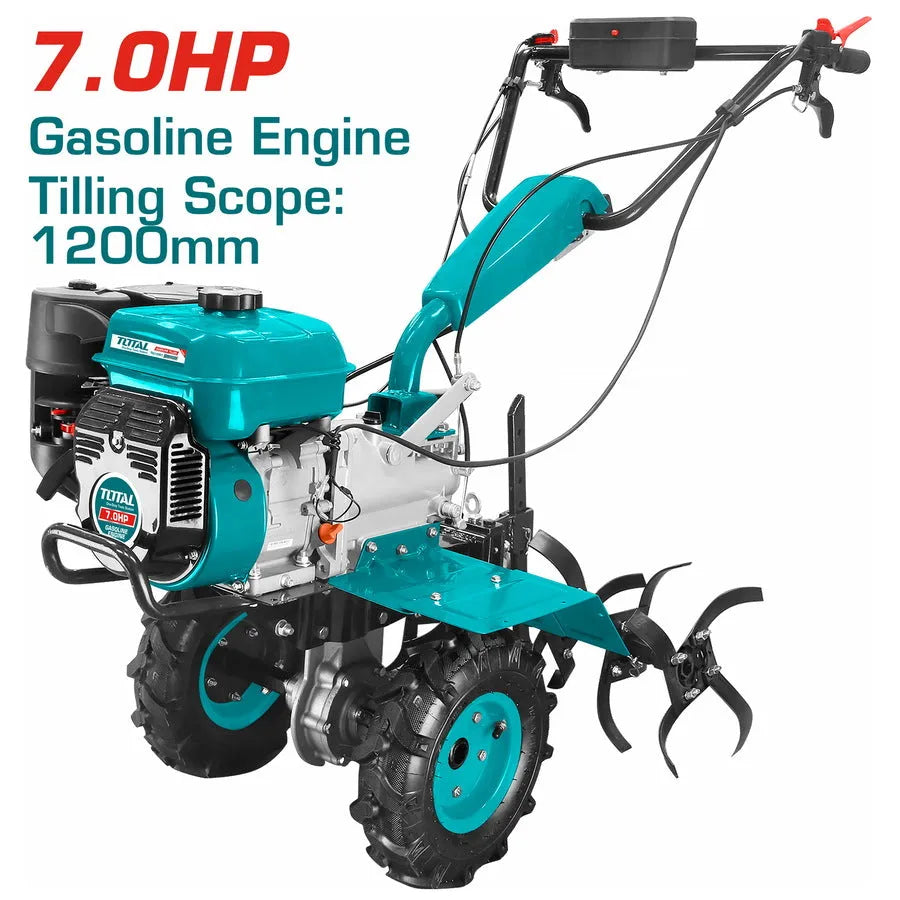 Motobineuse à essence TOTAL TGC1201 7HP (5,1kW) – portée 800mm, profondeur 150-300mm, couple 11N.m, 4 groupes de lames, roues 3,5-6", jardin agriculture