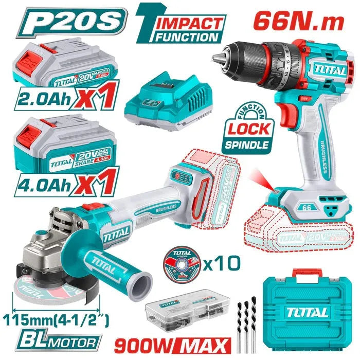 Pack 2 outils sans fil TOTAL TCKLI20273 20V brushless perceuse percussion 66Nm + meuleuse 115mm – SQES Tunisie