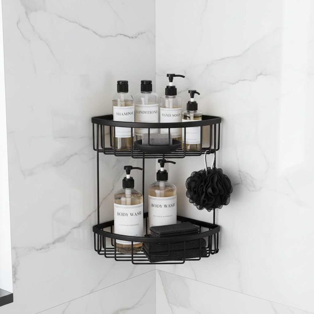 Panier à savon double noir mat 20x20 avec produits de douche