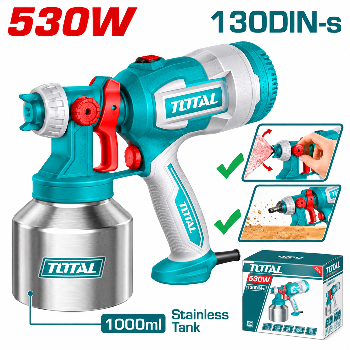 Pistolet à peinture TOTAL TT45061 530 W avec réservoir inox 1000 ml, buse 2 mm et débit peinture 410 ml/min.