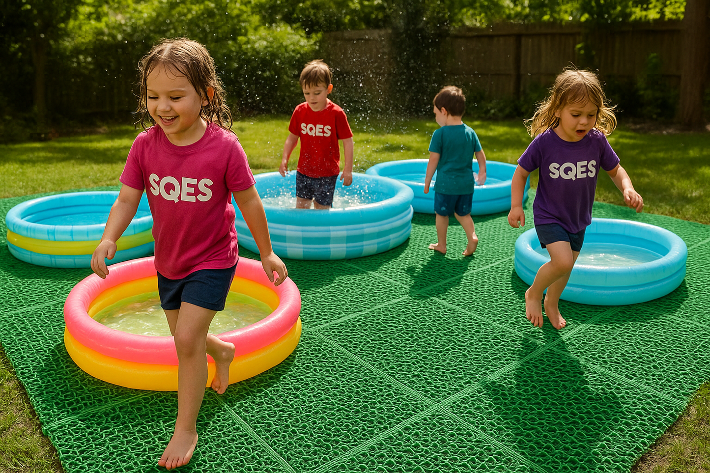 Plusieurs piscines gonflables connectées par le tapis