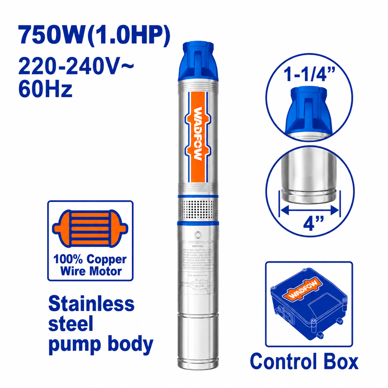 Pompe Immergée 1HP 750W + Coffret WADFOW WWPD6031 — Puits Irrigation Submersible Domestique | SQES Tunisie