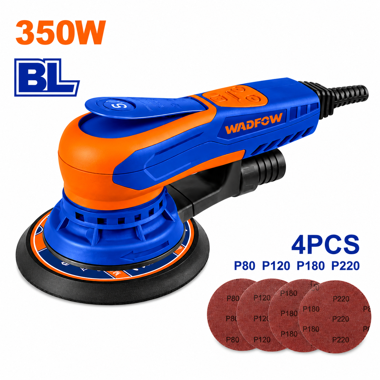 Ponceuse Orbitale 150mm 350W WADFOW WFA55350 — 4 Disques Abrasifs Inclus | Ponçage Bois Métal Carrosserie | SQES Tunisie