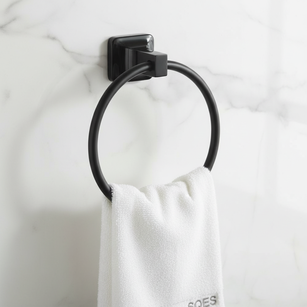 Porte serviette anneau noir dans salle de bain luxueuse