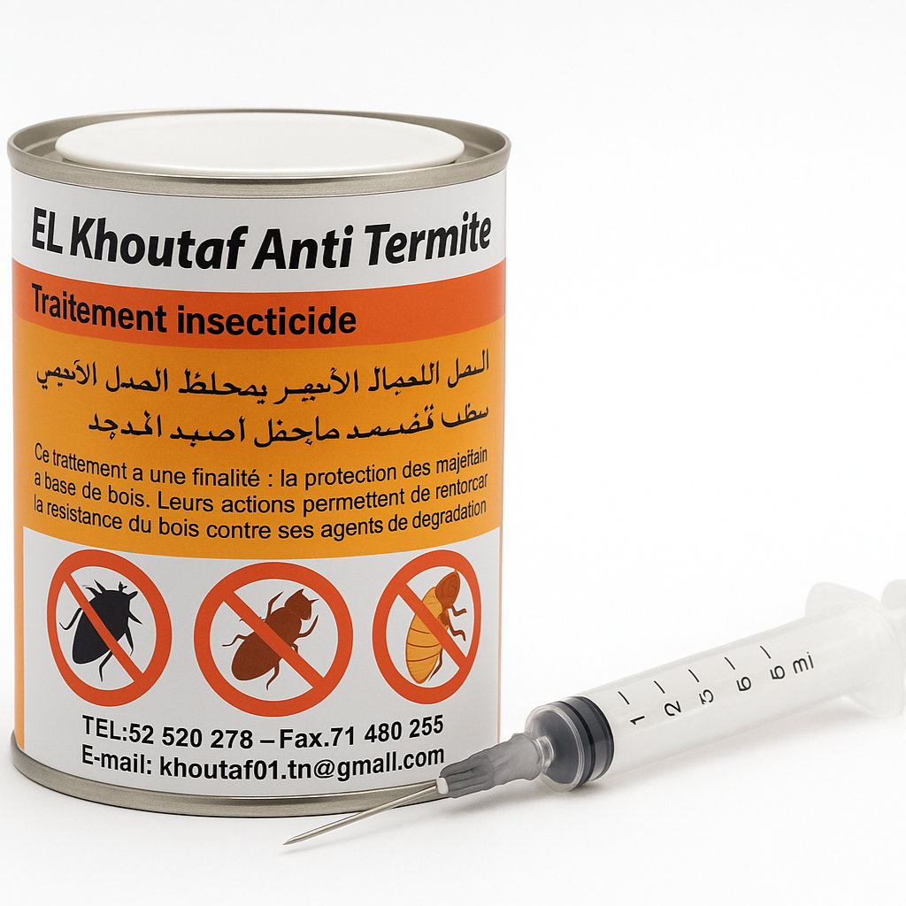 Produit anti-termites avec seringue sur fond blanc
