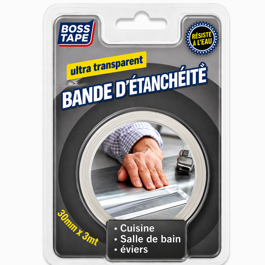 Ruban calfeutrage BOSS TAPE 3cmx3m transparent pour cuisine et salle de bain. Étanchéité invisible anti-infiltration. Livraison Tunisie. Commandez !