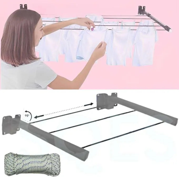 Sèche Linge Mural et Pliable - Etendoir a corde rabattable avec Corde à Linge Gratuit - SQES
