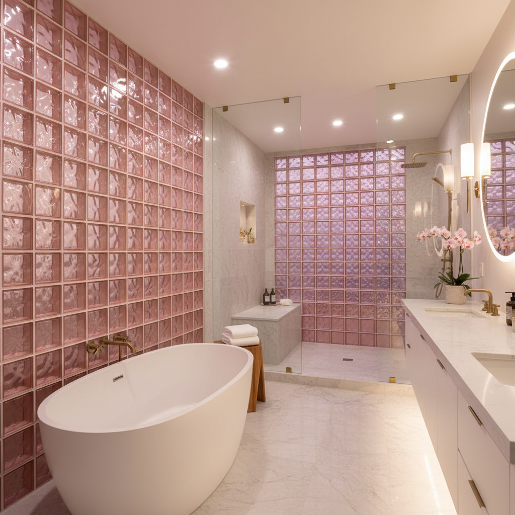 Salle de bain avec briques de verre rose