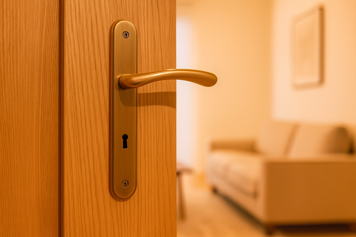 Salon moderne avec porte chêne et poignée bronze