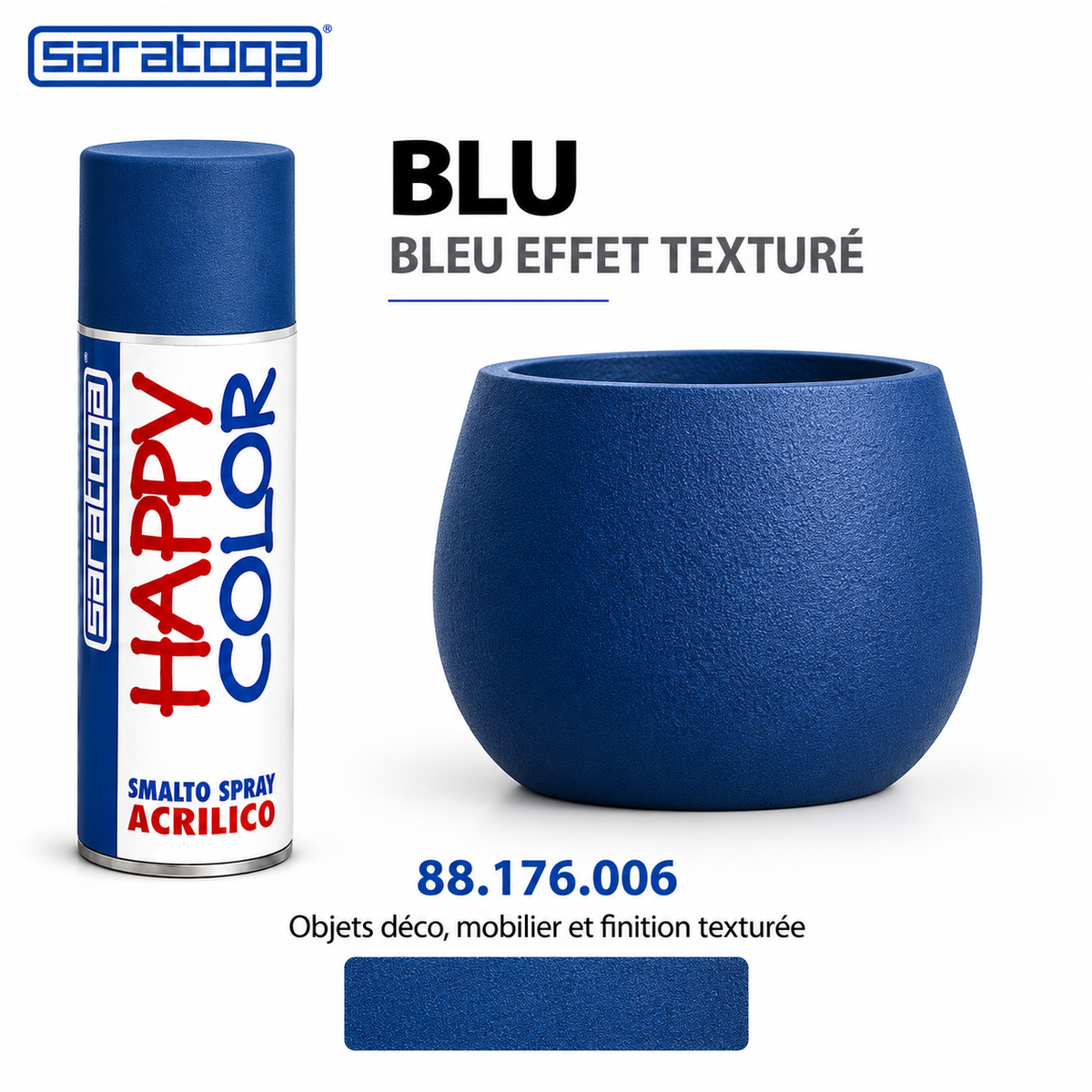 Spray peinture SARATOGA Happy Color bleu effet texture 400 ml, référence 176.006 et rendu de couleur – illustration