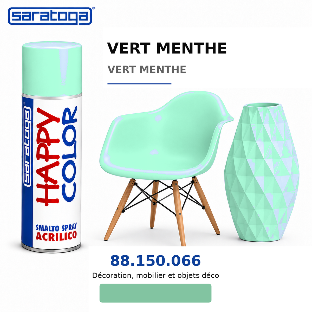 Spray SARATOGA Happy Color vert menthe 400 ml, référence 150.066, échantillon de couleur et mise en situation – illustration