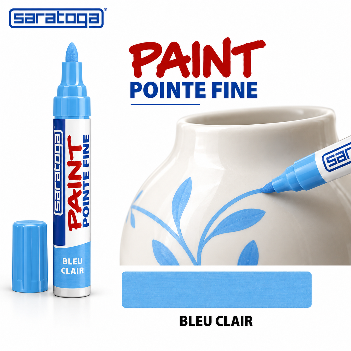 Marqueur peinture SARATOGA Paint Bleu clair pointe fine, décoration sur céramique blanche — visuel illustratif