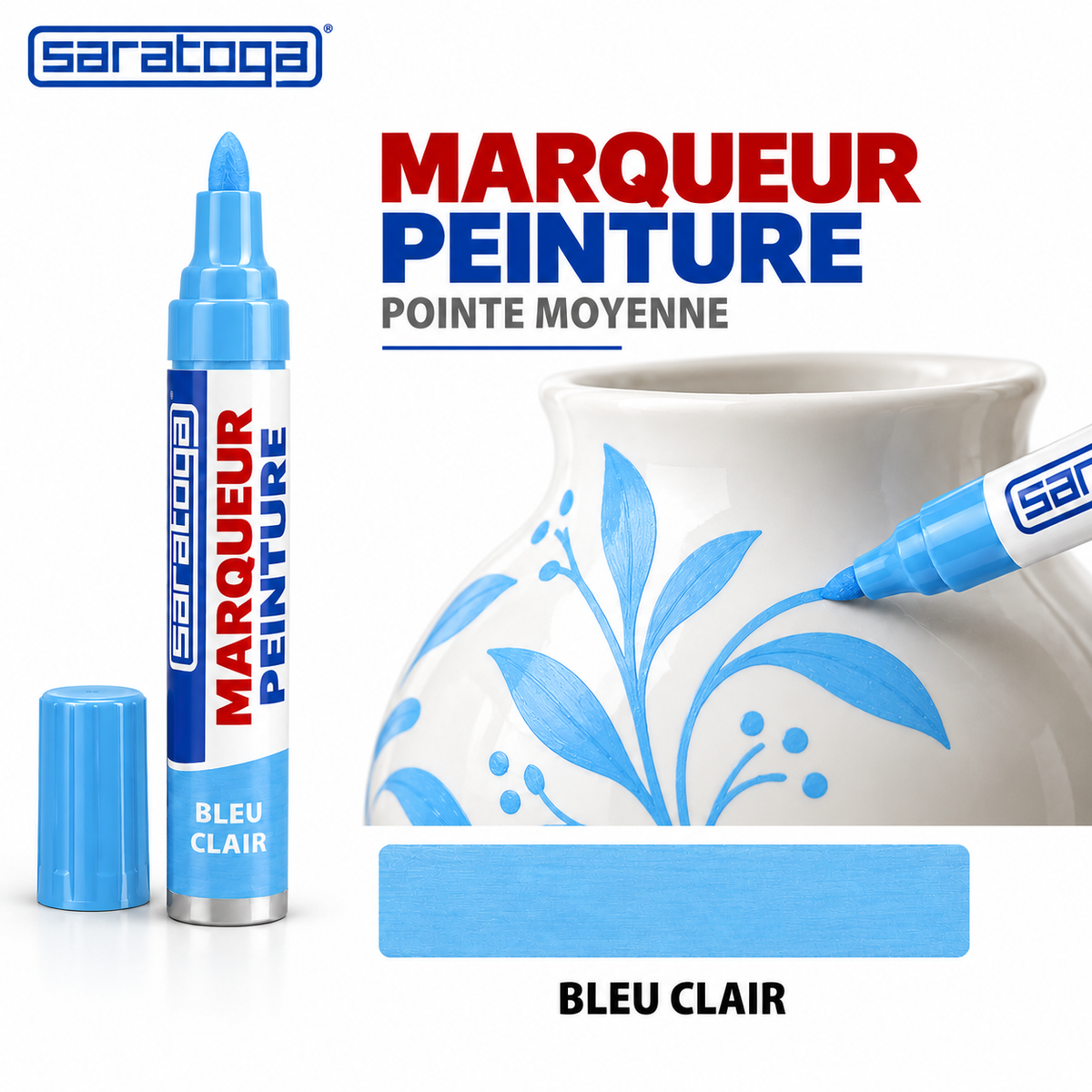 Marqueur peinture SARATOGA Paint Bleu clair pointe moyenne, dessin floral sur céramique blanche et nuancier — illustration