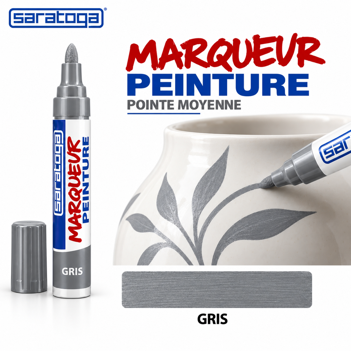 Marqueur peinture SARATOGA Paint Gris pointe moyenne, tracé gris sur vase en céramique et échantillon de teinte — visuel illustratif