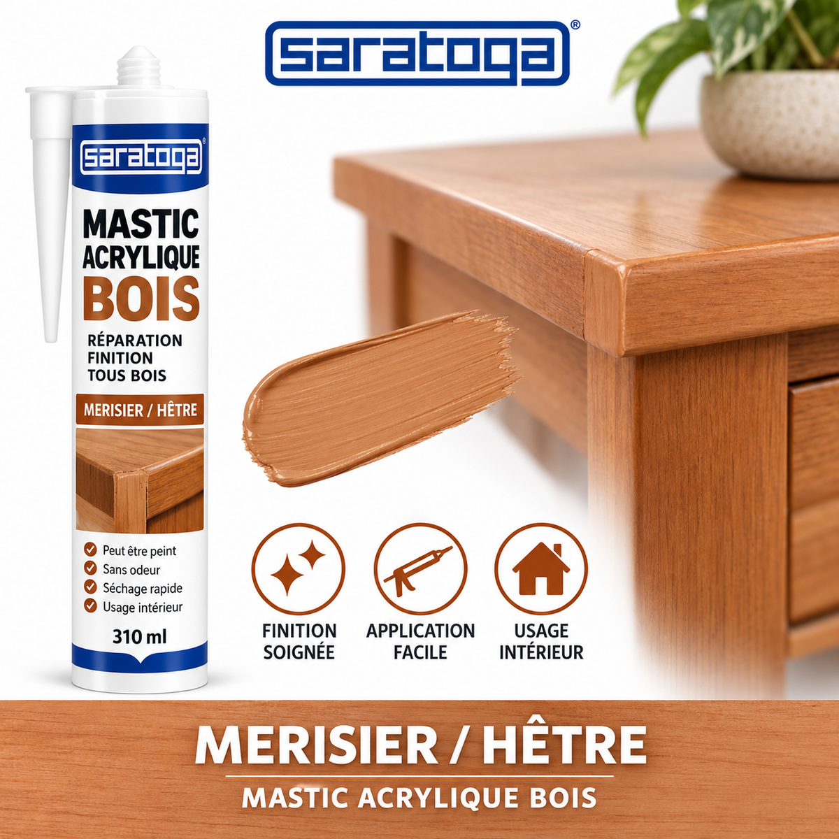 Mastic acrylique bois SARATOGA Merisier Hêtre 310 ml référence 272.002, réparation de joint sur mobilier en bois — visuel illustratif