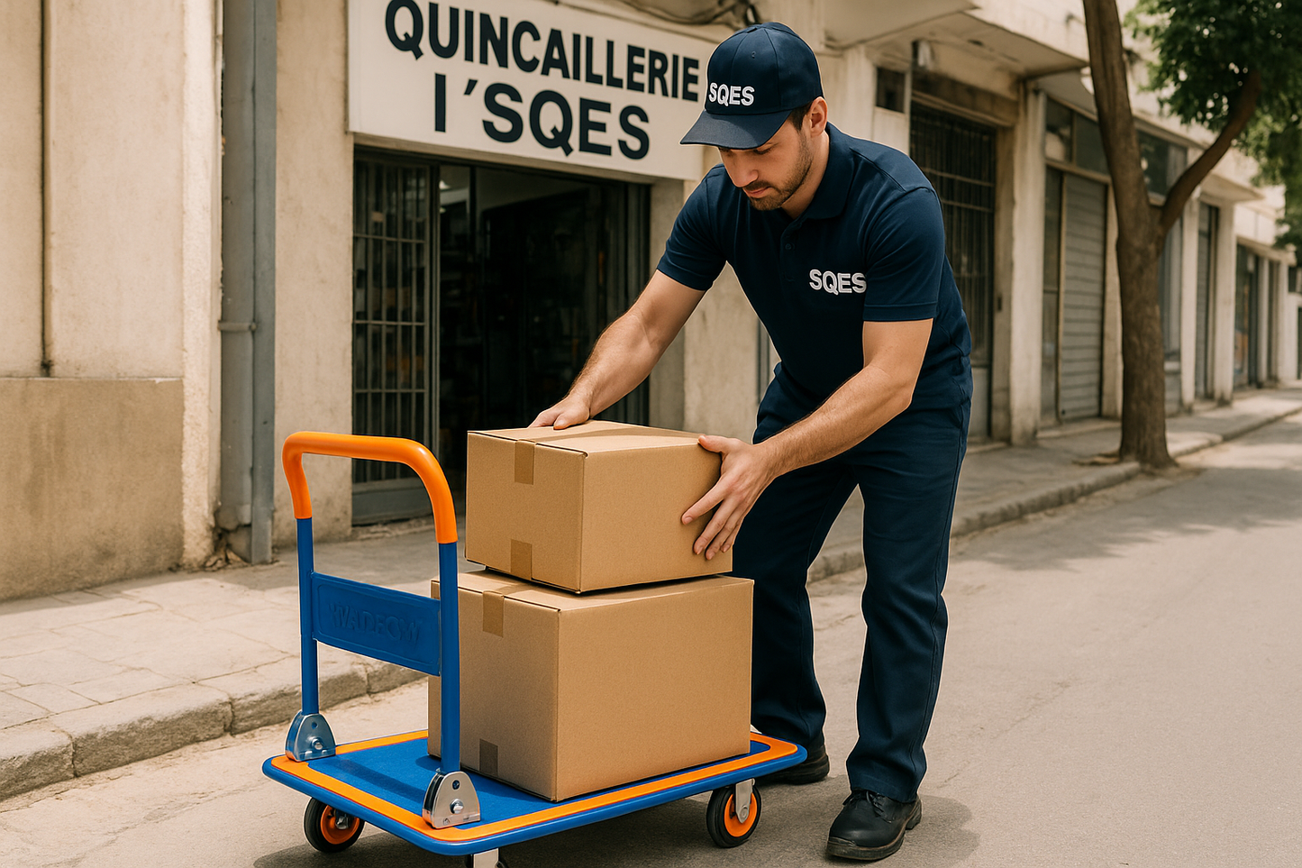 Scène devant Quincaillerie L'Espoir SQES avec le vrai chariot WADFOW
