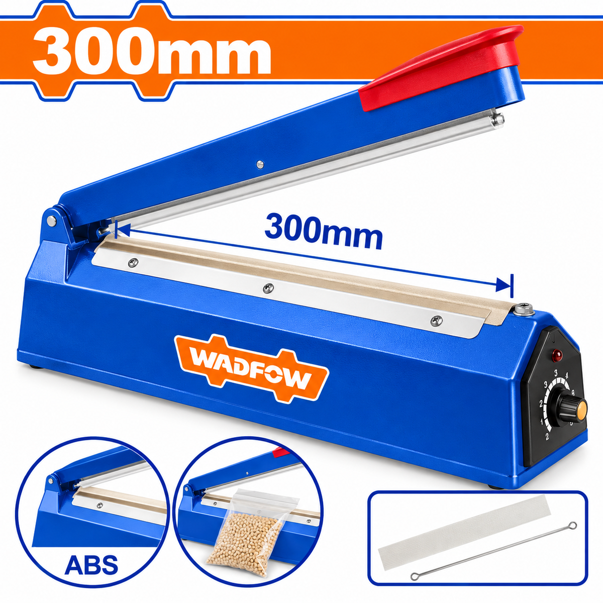 Scelleuse à impulsion WADFOW WXY2003 pour fermeture de sachets thermosoudables compatibles, longueur utile de soudure 300 mm, 8 réglages de chauffe, ABS et boîtier aluminium | SQES Tunisie