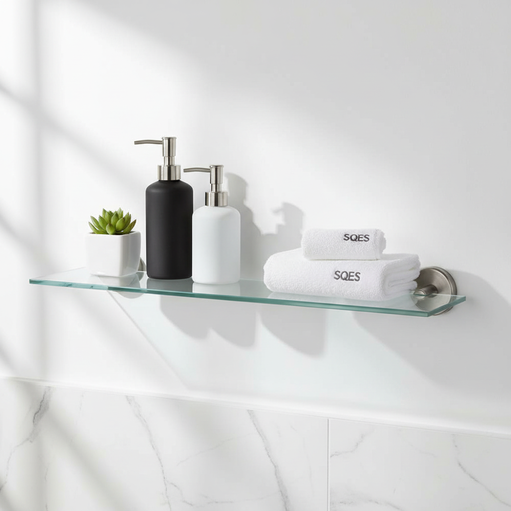 Étagère en verre avec supports inox brossé et accessoires