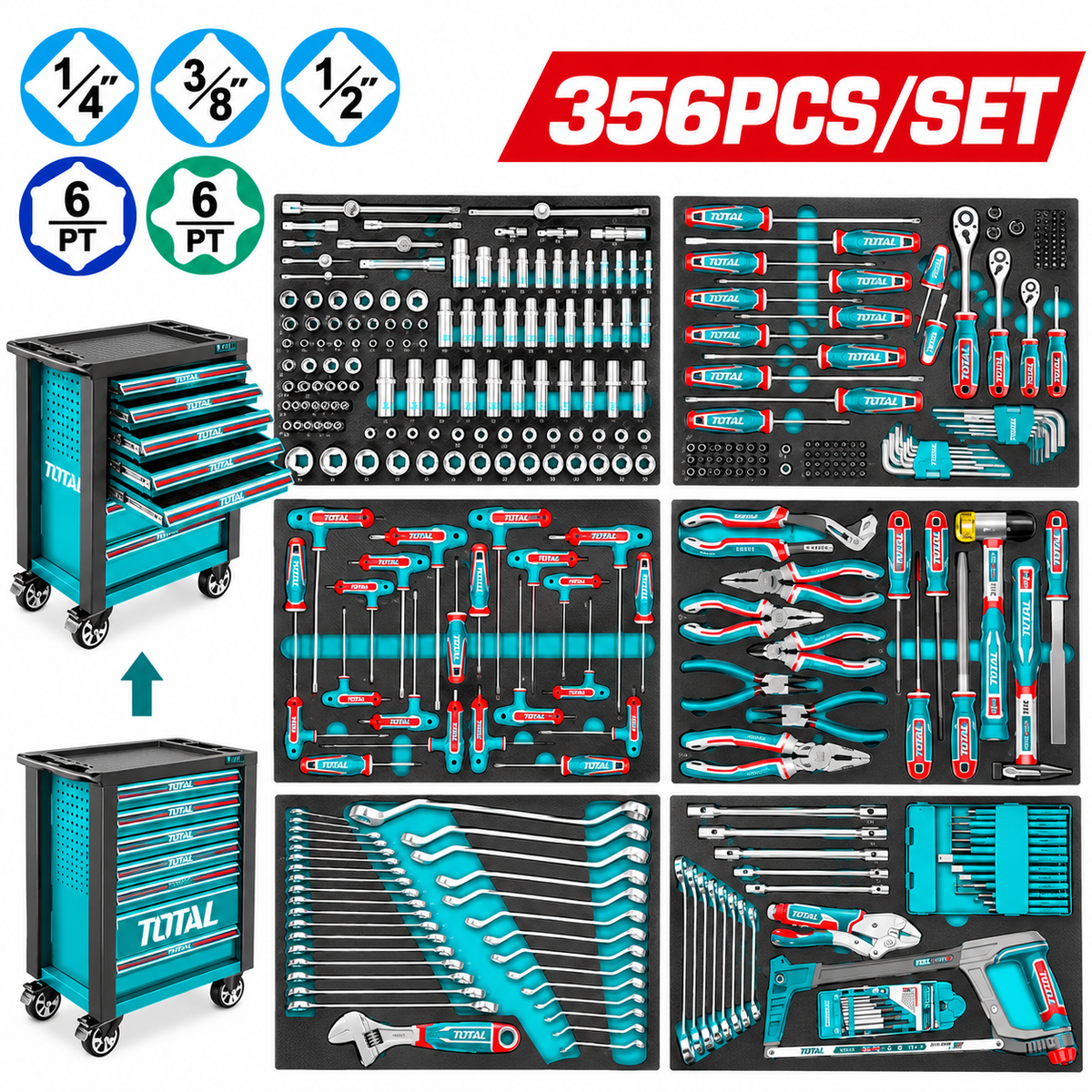 Servante à outils TOTAL THPTCS73561, 356 pièces, 7 tiroirs, outillage 1/4, 3/8 et 1/2 pouce pour atelier et mécanique | SQES Tunisie