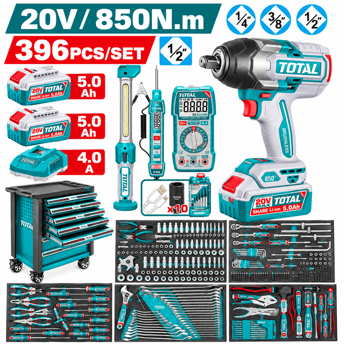 Servante à outils TOTAL THPTCS83962, 396 pièces, 7 tiroirs, clé à chocs TIWLI20851 20 V Brushless 850 Nm, 2 batteries 5 Ah, pour atelier et mécanique | SQES Tunisie