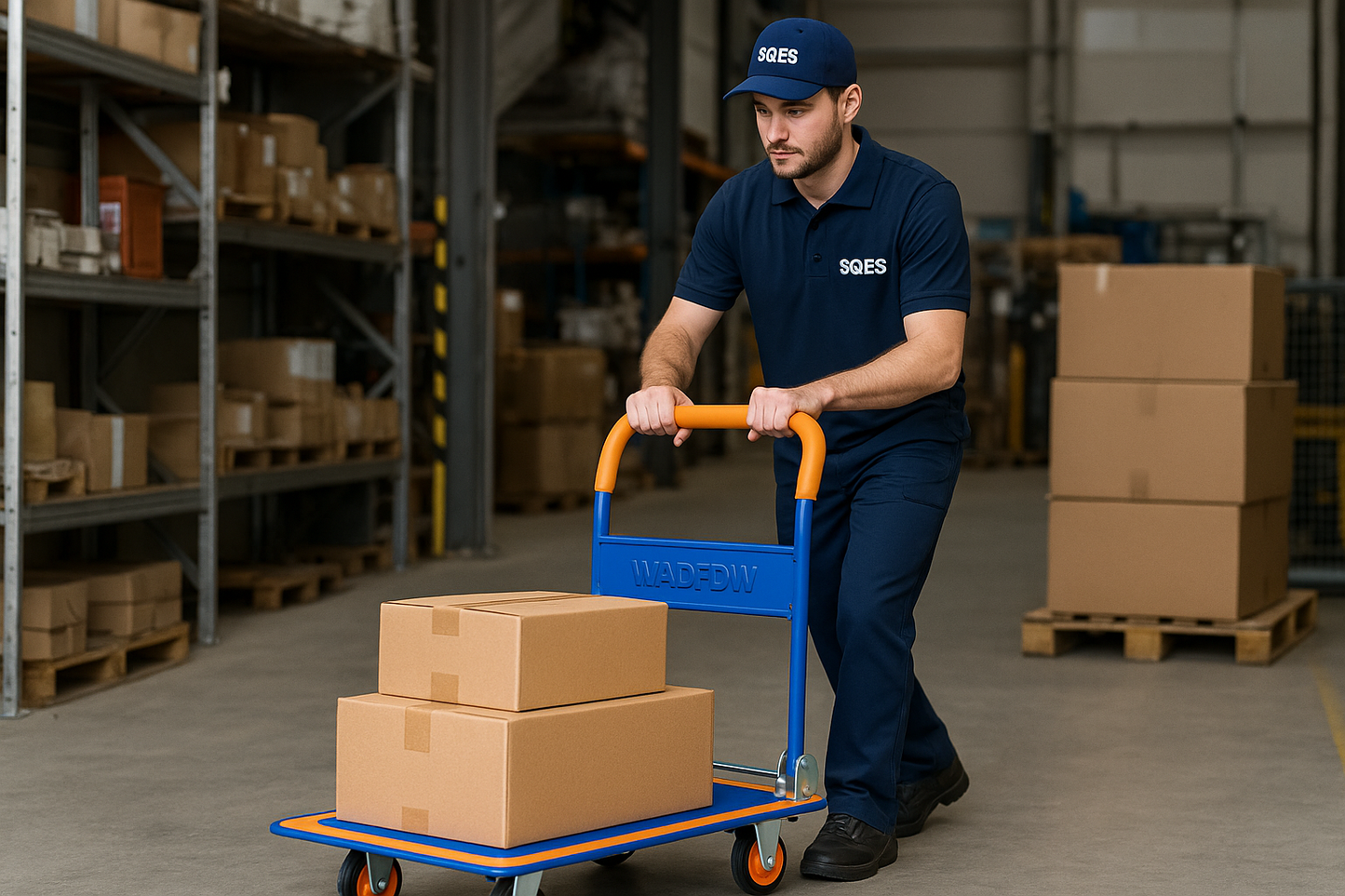 Travailleur SQES utilisant le chariot WADFOW en entrepôt