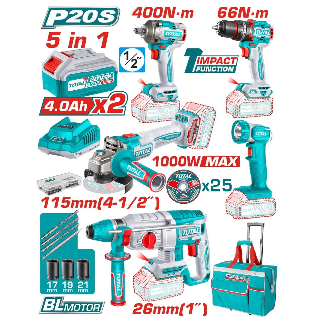Kit outils électroportatifs sans fil 5 pièces – 20V Brushless – TCKLI20592