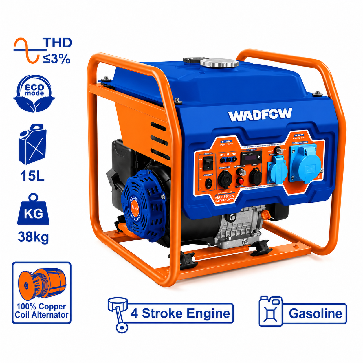Générateur Inverter 5500W WADFOW WGEAB08 — Groupe Électrogène Essence Courant Sinusoïdal Chantier Secours Électrique | SQES Tunisie