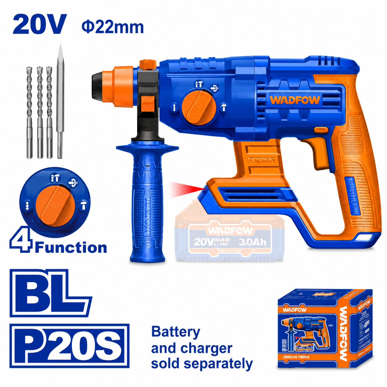 Perforateur Sans Fil 20V+ 4 Modes WADFOW WLM15220 Nu sans Batterie — Béton Maçonnerie SDS Chantier BTP | SQES Tunisie