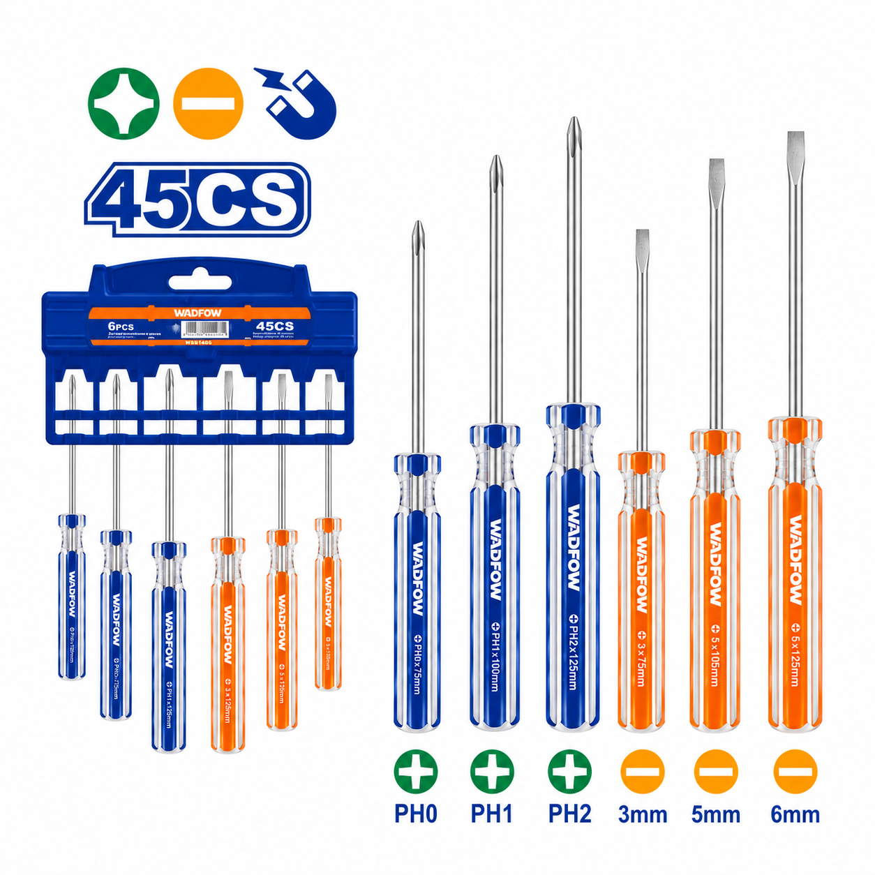 Jeu de 6 Tournevis Cr-Si WADFOW WSS3206 — Acier Chrome-Silicium Haute Résistance Phillips Plat Vissage Professionnel Atelier | SQES Tunisie