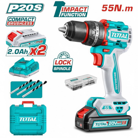 Visseuse à Percussion 20V - TOTAL TIDLI20558 - Kit Complet 55Nm avec 2 Batteries 2.0Ah et 50 Accessoires