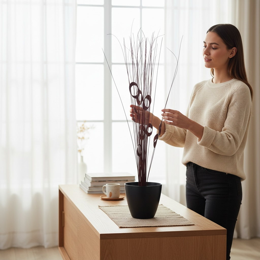 Plante sèche rouge à boucle avec pot noir