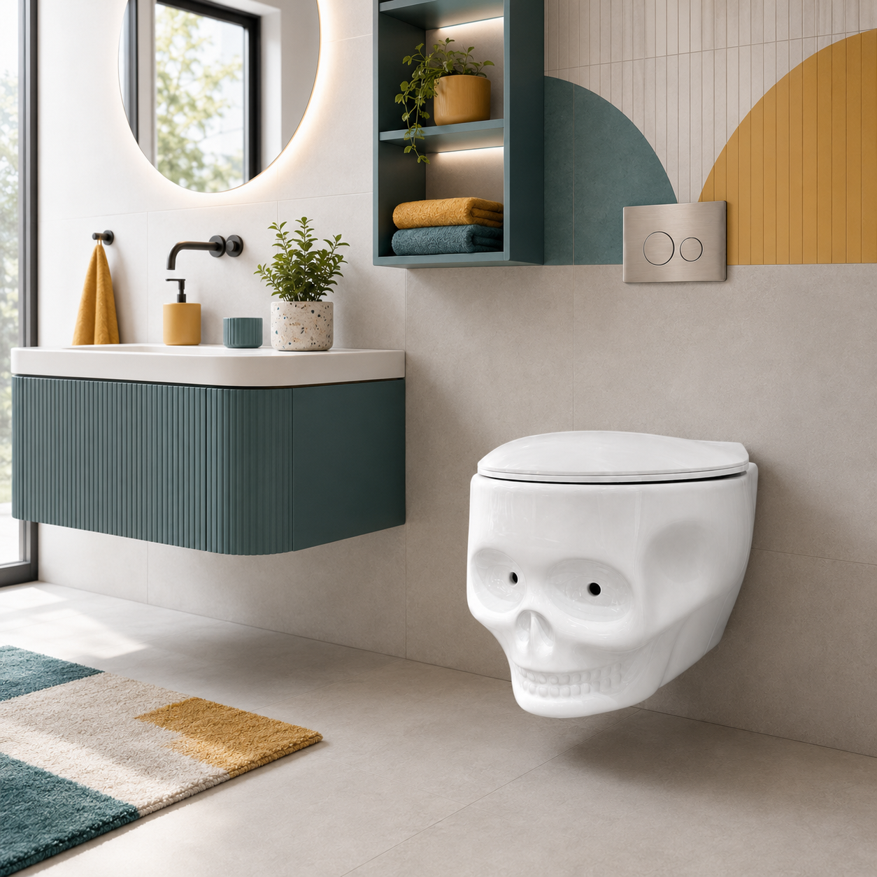 WC Suspendu Design Crâne – Céramique Blanche Brillante | Yeux LED