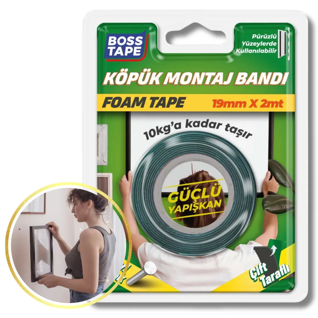 BOSS TAPE Ruban Adhésif Double Face de montage en mousse 19mmx2m (max 10kg) - SQES