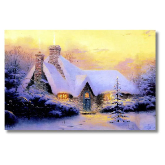 Tableau Chalet Enneigé Noël 70x50cm Lumineux LED Toile Textile Haute Qualité