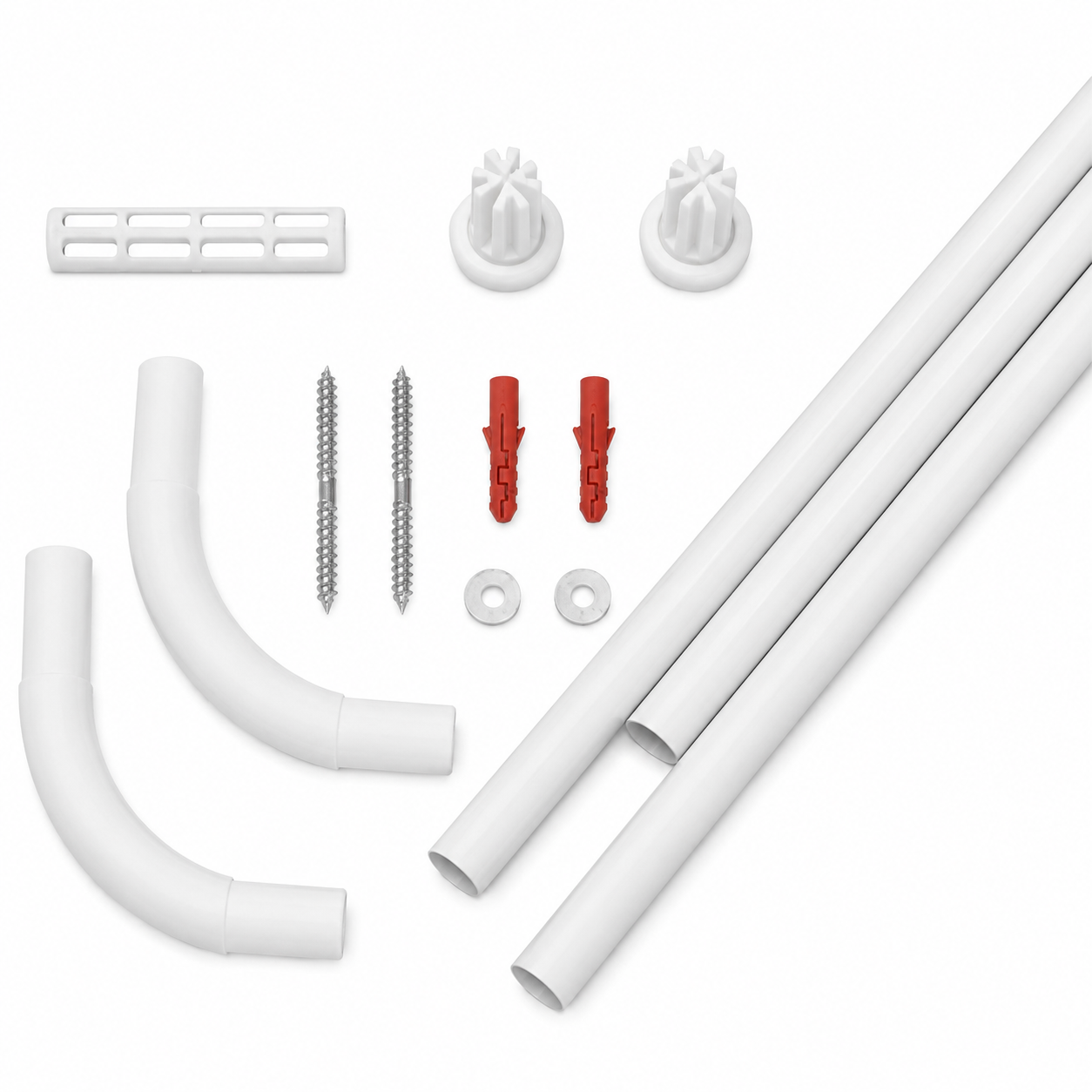 Tringle de rideau de douche d’angle blanche installée dans une salle de bain moderne avec carrelage blanc et rideau de douche suspendu.