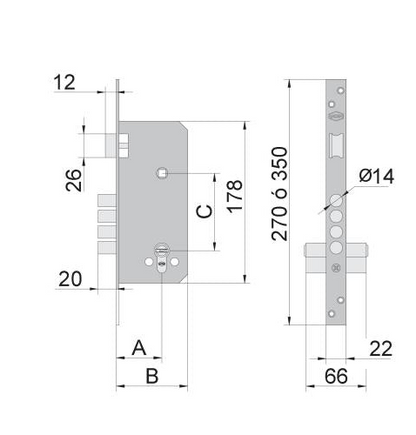 Serrure encastre à mortaise - 4 Pistons - Avec cylindre - 2058