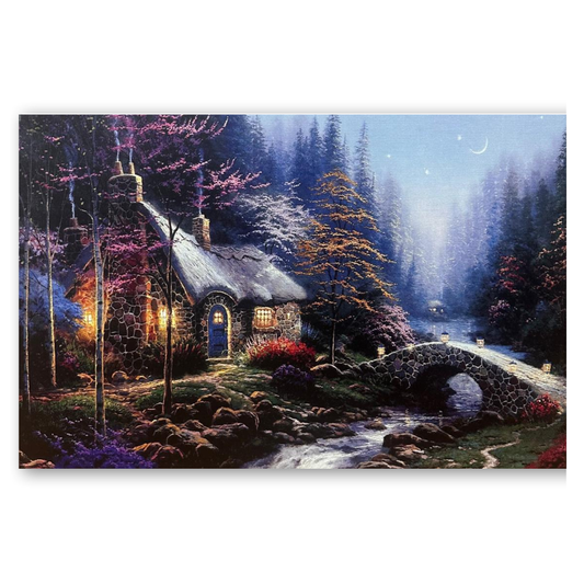 Tableau Cottage Féerique 70x50cm Lumineux LED Toile Textile Haute Qualité