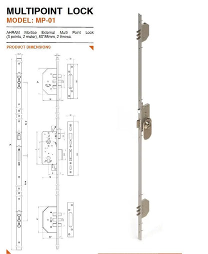 Serrure encastre 3 points - Longueur 2M - 50X85MM - Chrome - SQES
