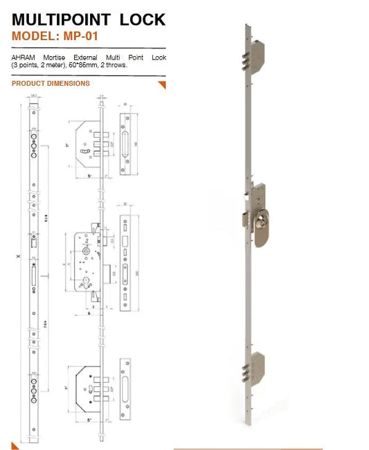 Serrure encastre 3 points - Longueur 2M - 50X85MM - Chrome - SQES