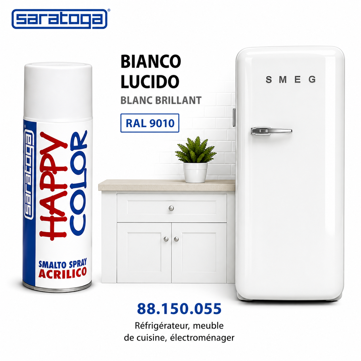 Spray Happy Color Blanc Brillant 400ml Saratoga – finition lumineuse sur bois, métal, verre. Séchage rapide. Meilleur prix Tunisie – SQES Ariana.
