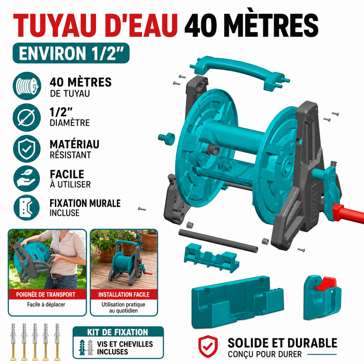 Enrouleur Tuyau Arrosage 40m 1/2" Mural TOTAL THHR40121
